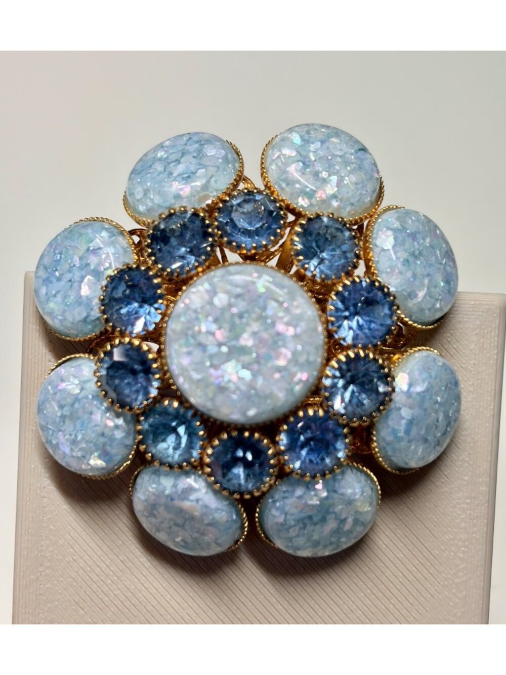 Vintage Blue Confetti Cabochon Rhinestone Statement Brooch Gold Tone 2 "